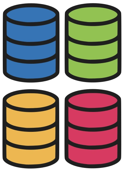 Four database cylinders differentiated by various colors.
