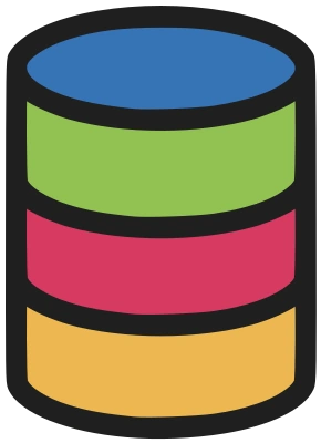 Conversational SQL Logo: A database cylinder icon with wide black outline and brightly colored in blue, green, red and yellow.