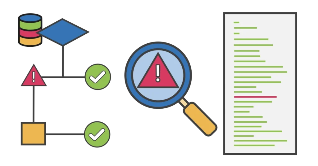 Decision tree representing error handling, magnifying glass representing troubleshooting, and a generic script representing debugging.