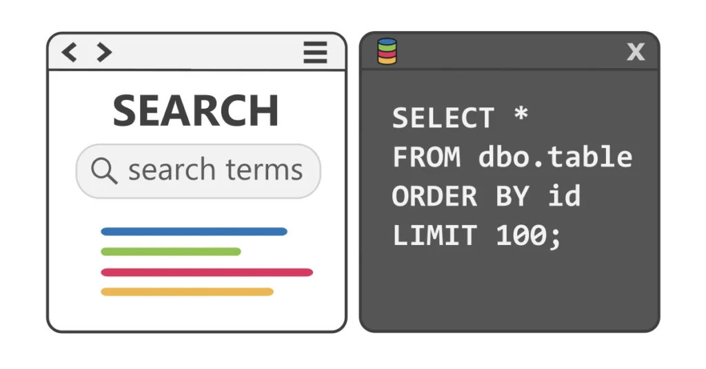 Illustration of a browser search page displayed next to an application window with a generic SQL query.