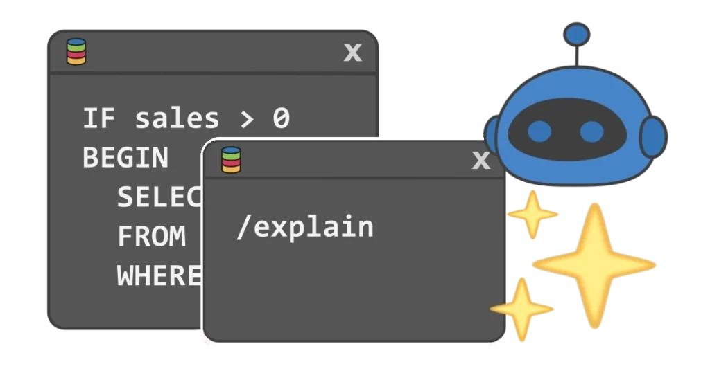Generic example code next to robot head and sparkle emoji symbolizing AI.